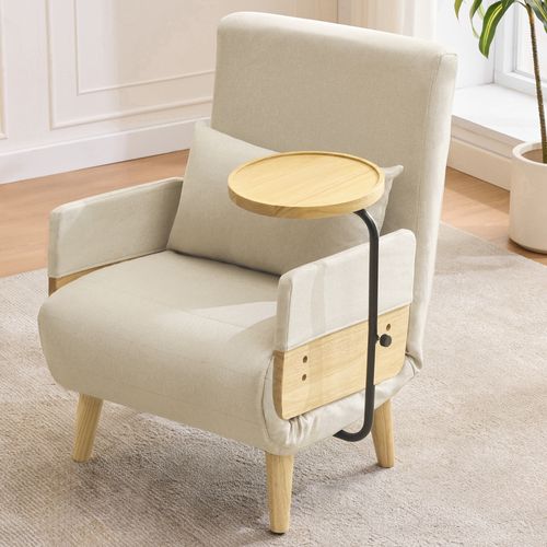 Fauteuil Convertible 3 En 1 74,5x66x88 Cm, Dossier 6 Positions, Fauteuil Lounge, Lin Beige