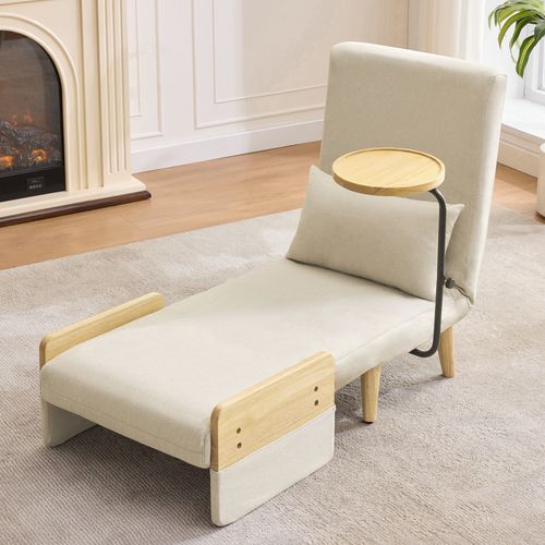 Fauteuil Convertible 3 En 1 74,5x66x88 Cm, Dossier 6 Positions, Fauteuil Lounge, Lin Beige