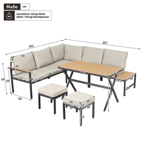 Salon De Jardin, 7 Places, Table Repas Avec Étagères, Acier Galvanisé, Polyester, Gris+bois