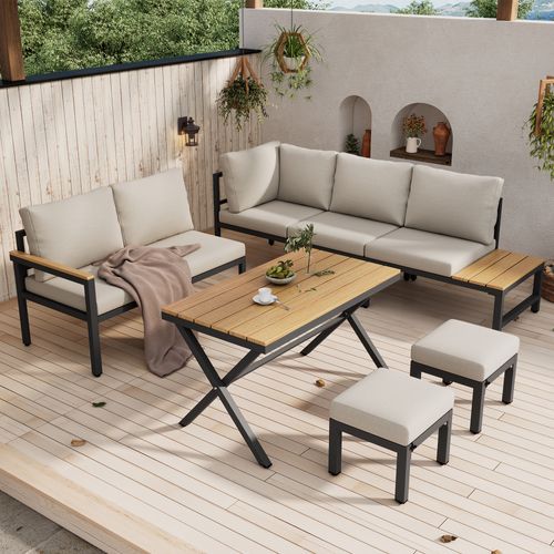 Salon De Jardin, 7 Places, Table Repas Avec Étagères, Acier Galvanisé, Polyester, Gris+bois