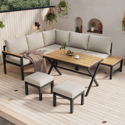 Salon De Jardin, 7 Places, Table Repas Avec Étagères, Acier Galvanisé, Polyester, Gris+bois