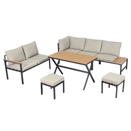 Salon De Jardin, 7 Places, Table Repas Avec Étagères, Acier Galvanisé, Polyester, Gris+bois