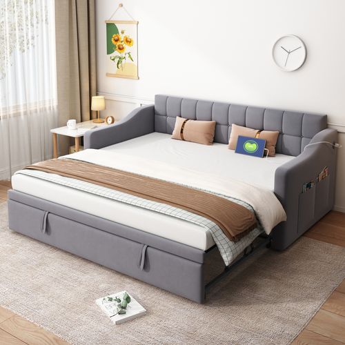 Lit Gigogne Extensible 90/180x190 Cm Avec Rangement, Lit Simple, Ports USB, 4 Poches, Velours Gris
