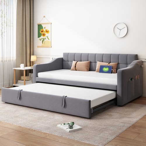 Lit Gigogne Extensible 90/180x190 Cm Avec Rangement, Lit Simple, Ports USB, 4 Poches, Velours Gris