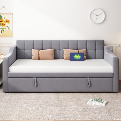 Lit Gigogne Extensible 90/180x190 Cm Avec Rangement, Lit Simple, Ports USB, 4 Poches, Velours Gris