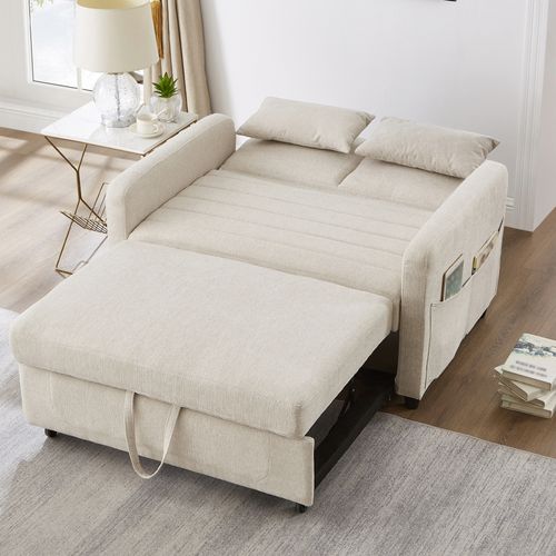 Canapé Convertible 143.5x114x82.5 Cm, Dossier 3 Positions, Compact, Tissu Coton-lin Beige