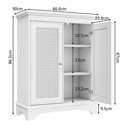 Meuble Bas De Salle De Bains 66.6x30x86.5 Cm, Porte En Rotin Et Étagères Réglables, Mdf, Blanc