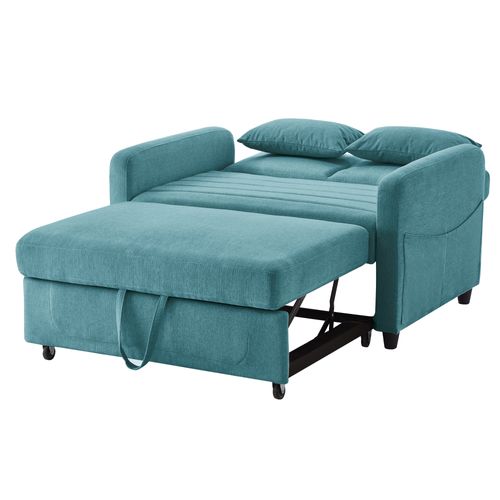 Canapé Convertible 2 Places 143.5x114x82.5cm, Dossier 3 Positions, Tissu Coton-lin, Bleu