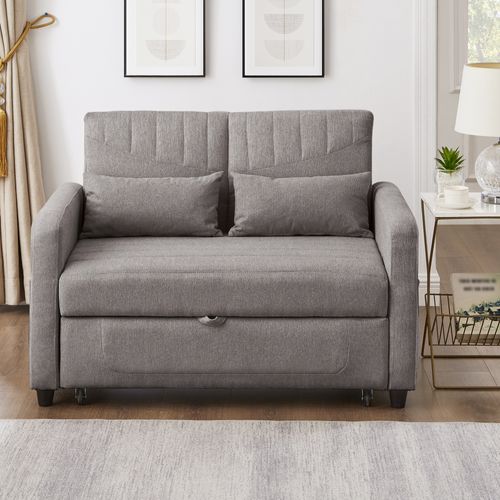 Canapé Convertible 143.5x114x82.5cm, Dossier 3 Positions, Mousse Haute Densité, Tissu Coton-lin Gris