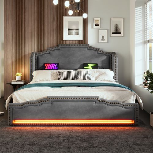 Lit Adulte 160x200 Cm, 4 Tiroirs Avec Éclairage LED Et Ports USB Type C, Velours, Gris