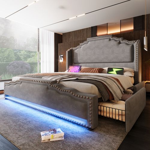 Lit Adulte 160x200 Cm, 4 Tiroirs Avec Éclairage LED Et Ports USB Type C, Velours, Gris