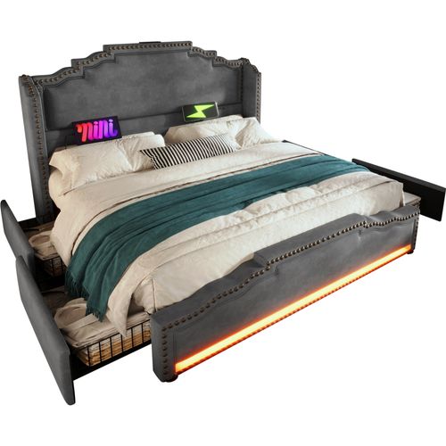 Lit Adulte 160x200 Cm, 4 Tiroirs Avec Éclairage LED Et Ports USB Type C, Velours, Gris