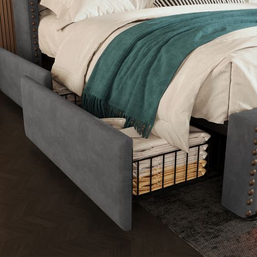 Lit Adulte 160x200 Cm, 4 Tiroirs Avec Éclairage LED Et Ports USB Type C, Velours, Gris