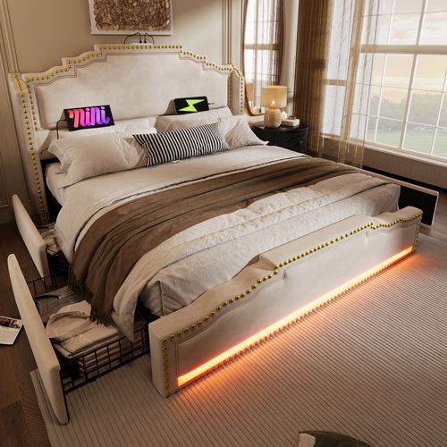 Lit Adulte 160x200 Cm, 4 Tiroirs Avec Éclairage LED Et Ports USB Type C, Velours, Beige