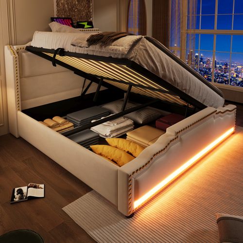 Lit Coffre 140x200 Cm, Éclairage LED Et Ports USB Et Type C, Rangement Caché, Velours, Beige