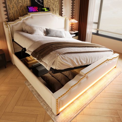 Lit Coffre 140x200 Cm, Éclairage LED Et Ports USB Et Type C, Rangement Caché, Velours, Beige
