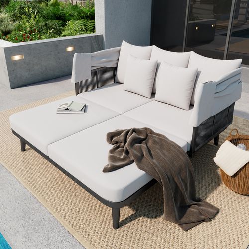 Banquette De Jardin 2 Places, Avec Store Réglable, Acier Galvanisé, Polyester, Couleur Gris