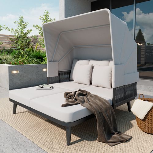 Banquette De Jardin 2 Places, Avec Store Réglable, Acier Galvanisé, Polyester, Couleur Gris