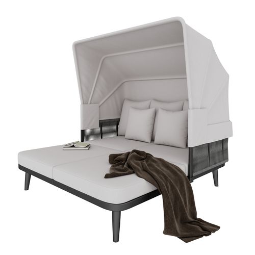 Banquette De Jardin 2 Places, Avec Store Réglable, Acier Galvanisé, Polyester, Couleur Gris