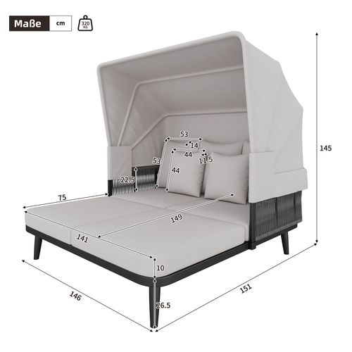 Banquette De Jardin 2 Places, Avec Store Réglable, Acier Galvanisé, Polyester, Couleur Gris