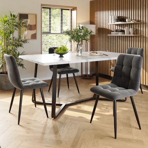 Ensemble Table Et 4 Chaises 138.5x75x76+46x44x86 Cm, Plateau Effet Marbre, Mdf, Métal, Velours Gris