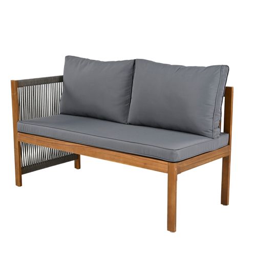 Salon De Jardin, Canapé D’angle Avec Table Basse, Bois, Corde Tressée, Polyester Gris