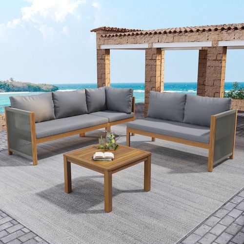 Salon De Jardin, Canapé D’angle Avec Table Basse, Bois, Corde Tressée, Polyester Gris