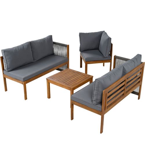 Salon De Jardin, Canapé D’angle Avec Table Basse, Bois, Corde Tressée, Polyester Gris