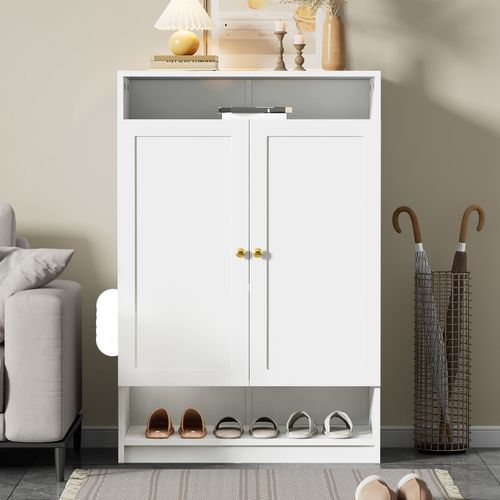 Meuble à Chaussures 73x34x109 Cm, 2 Portes, Étagères Réglables, Panneau De Particules, Blanc