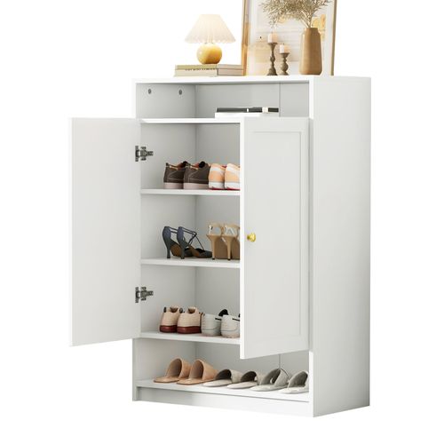 Meuble à Chaussures 73x34x109 Cm, 2 Portes, Étagères Réglables, Panneau De Particules, Blanc