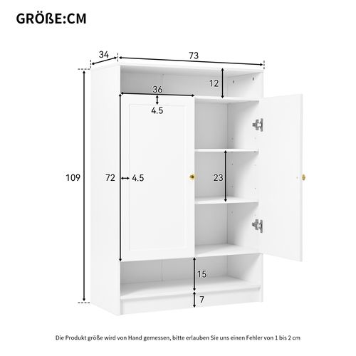 Meuble à Chaussures 73x34x109 Cm, 2 Portes, Étagères Réglables, Panneau De Particules, Blanc