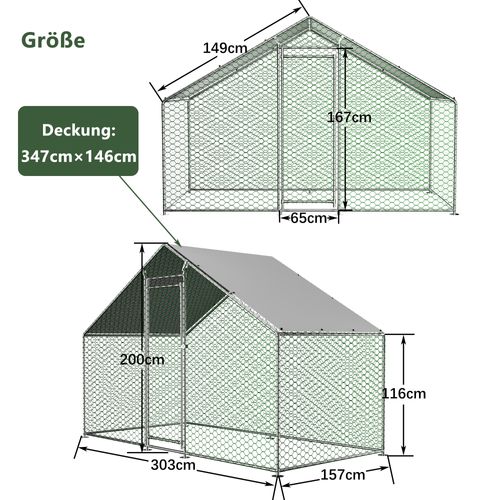 Enclos Pour Poules 303x157x200 Cm, Serrure De Sécurité, Bâche Pe Étanche, Métal, Argenté Et Vert