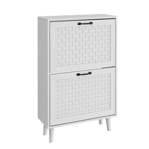 Meuble à Chaussures 60x24.1x94 Cm, 2 Portes à Bascule En Rotin Tissé Mains, Mdf, Pb, Blanc