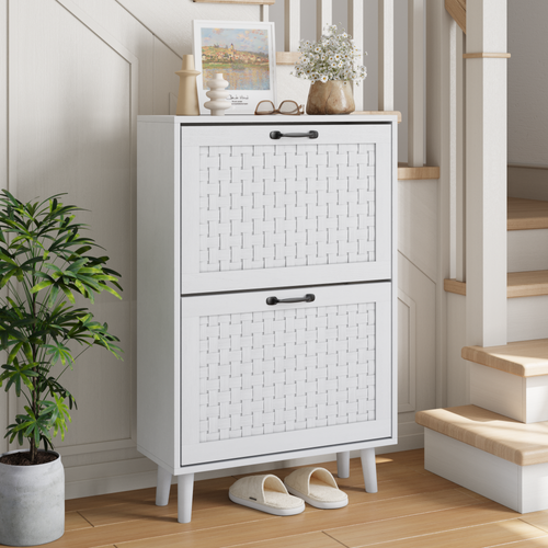 Meuble à Chaussures 60x24.1x94 Cm, 2 Portes à Bascule En Rotin Tissé Mains, Mdf, Pb, Blanc