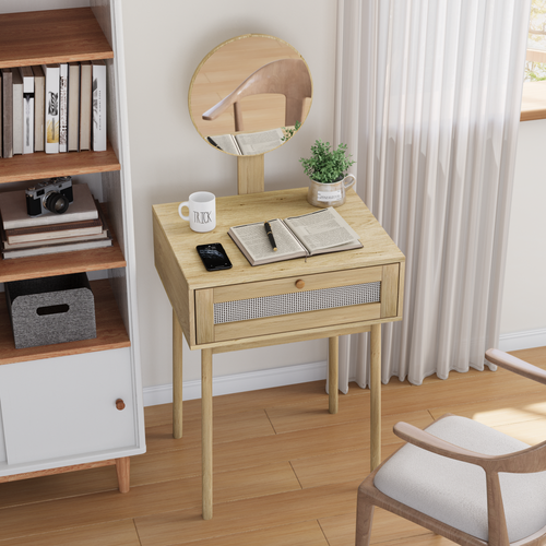 Coiffeuse Avec Miroir Rond 60x50x128 Cm, Tiroir De Rangement, Mdf Verre Et Bois, Couleur Bois