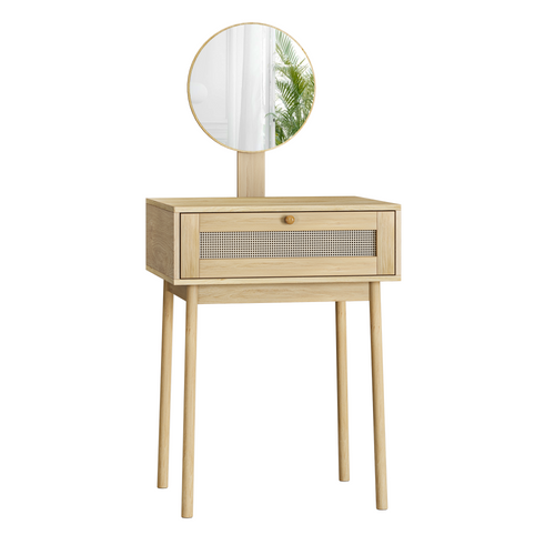 Coiffeuse Avec Miroir Rond 60x50x128 Cm, Tiroir De Rangement, Mdf Verre Et Bois, Couleur Bois