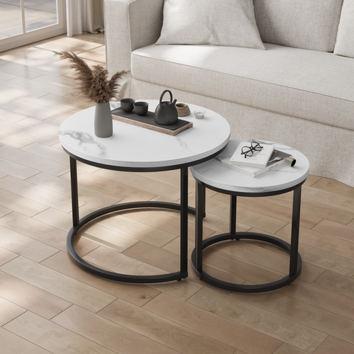 Lot De 2 Tables Basses Gigognes 60x60x45+40x40x40 Cm, Gain De Place, Fer, Blanc+noir