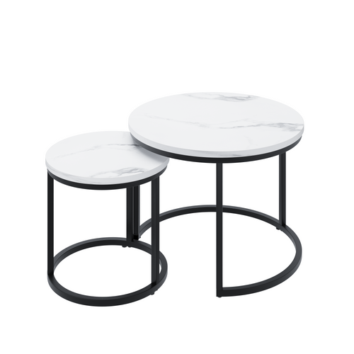 Lot De 2 Tables Basses Gigognes 60x60x45+40x40x40 Cm, Gain De Place, Fer, Blanc+noir
