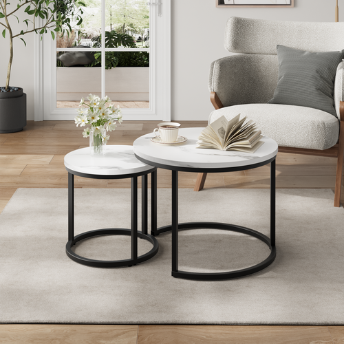 Lot De 2 Tables Basses Gigognes 60x60x45+40x40x40 Cm, Gain De Place, Fer, Blanc+noir