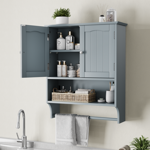 Armoire De Toilette Murale 56.8x26.6x70 Cm, 1 Niche, 2 Portes, Rangement, Mdf, Gris Clair