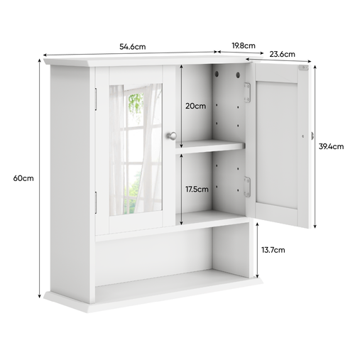 Armoire De Toilette Murale Avec Miroir 54.6x19.8x60 Cm, Étagères Réglables, Mdf Verre, Blanc