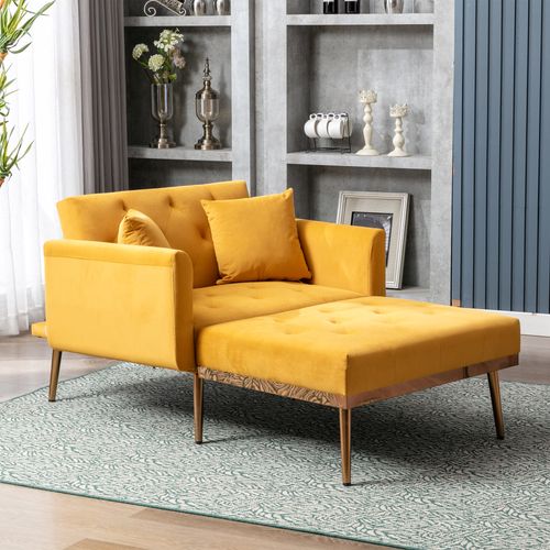 Fauteuil 165x90x77 Cm, Dossier Inclinable 3 Positions, Velours, Bois, Couleur Jaune