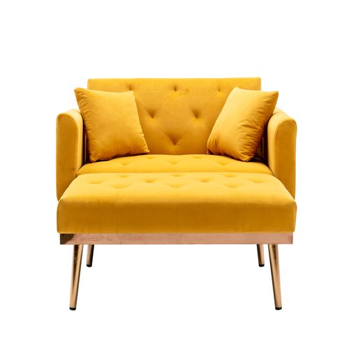 Fauteuil 165x90x77 Cm, Dossier Inclinable 3 Positions, Velours, Bois, Couleur Jaune