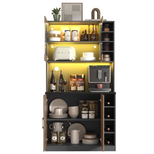 Buffet Haut De Cuisine 100x47x187 Cm, LED, Gestion Des Câbles, Mdf Et Acrylique, Gris Et Naturel