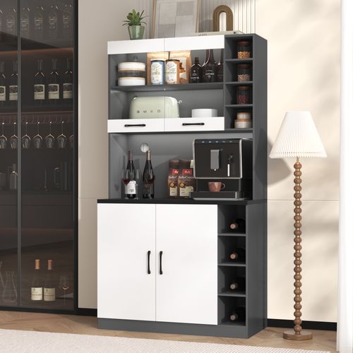 Buffet Haut De Cuisine 100x47x187 Cm, Éclairage LED, 4 Portes, 9 Niches, Mdf, Blanc Et Gris