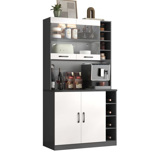 Buffet Haut De Cuisine 100x47x187 Cm, Éclairage LED, 4 Portes, 9 Niches, Mdf, Blanc Et Gris