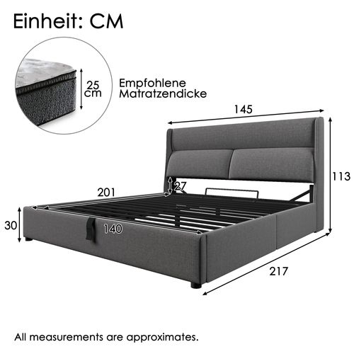 Lit Coffre 140x200 Cm, Tête De Lit Réglable, Structure Métallique, Rangement Hydraulique, Lin, Gris