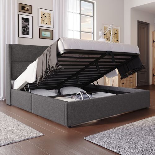 Lit Coffre 140x200 Cm, Tête De Lit Réglable, Structure Métallique, Rangement Hydraulique, Lin, Gris