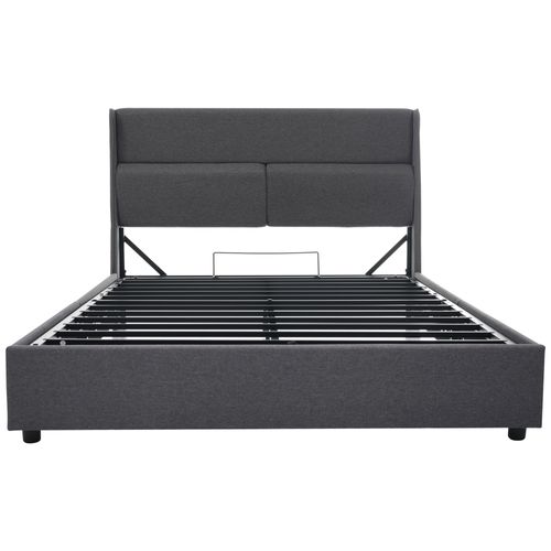 Lit Coffre 140x200 Cm, Tête De Lit Réglable, Structure Métallique, Rangement Hydraulique, Lin, Gris