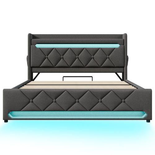 Lit Coffre 180x200 Cm, Éclairage LED 360, Rangement Multifonction, Métal, Lin, Couleur Gris